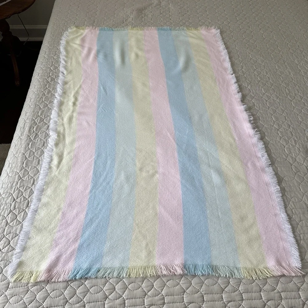 Vintage Acrylic Baby Blanket Pastel Stripe Fringe Receiving Pink Blue Yellow